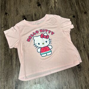 Hello Kitty Light Pink Graphic Tee With Watermelon Dress Cropped style Size XL